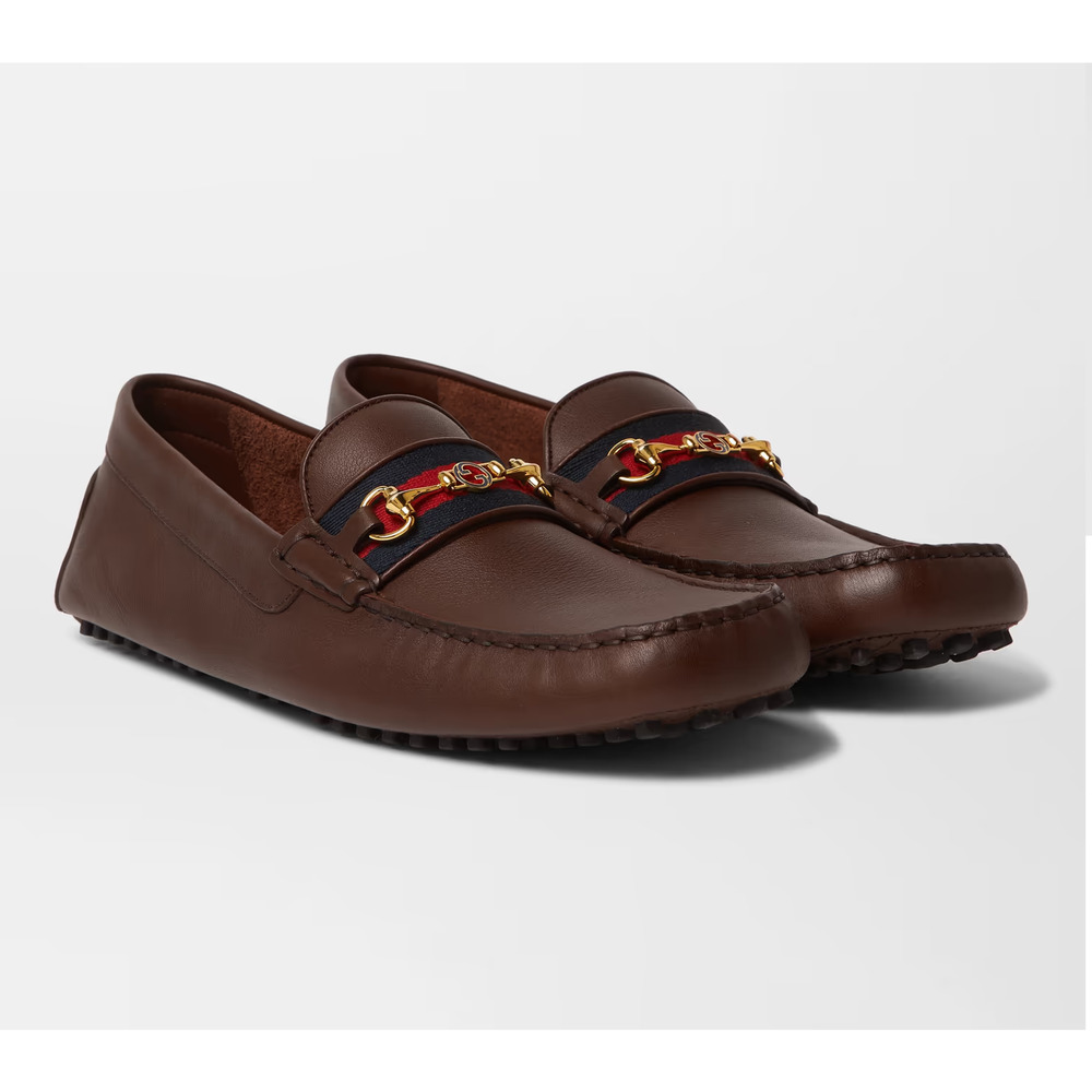 NWT Gucci Ayrton Webbing-Trim Horsebit Leather Driving Loafers Brown Mens US 12